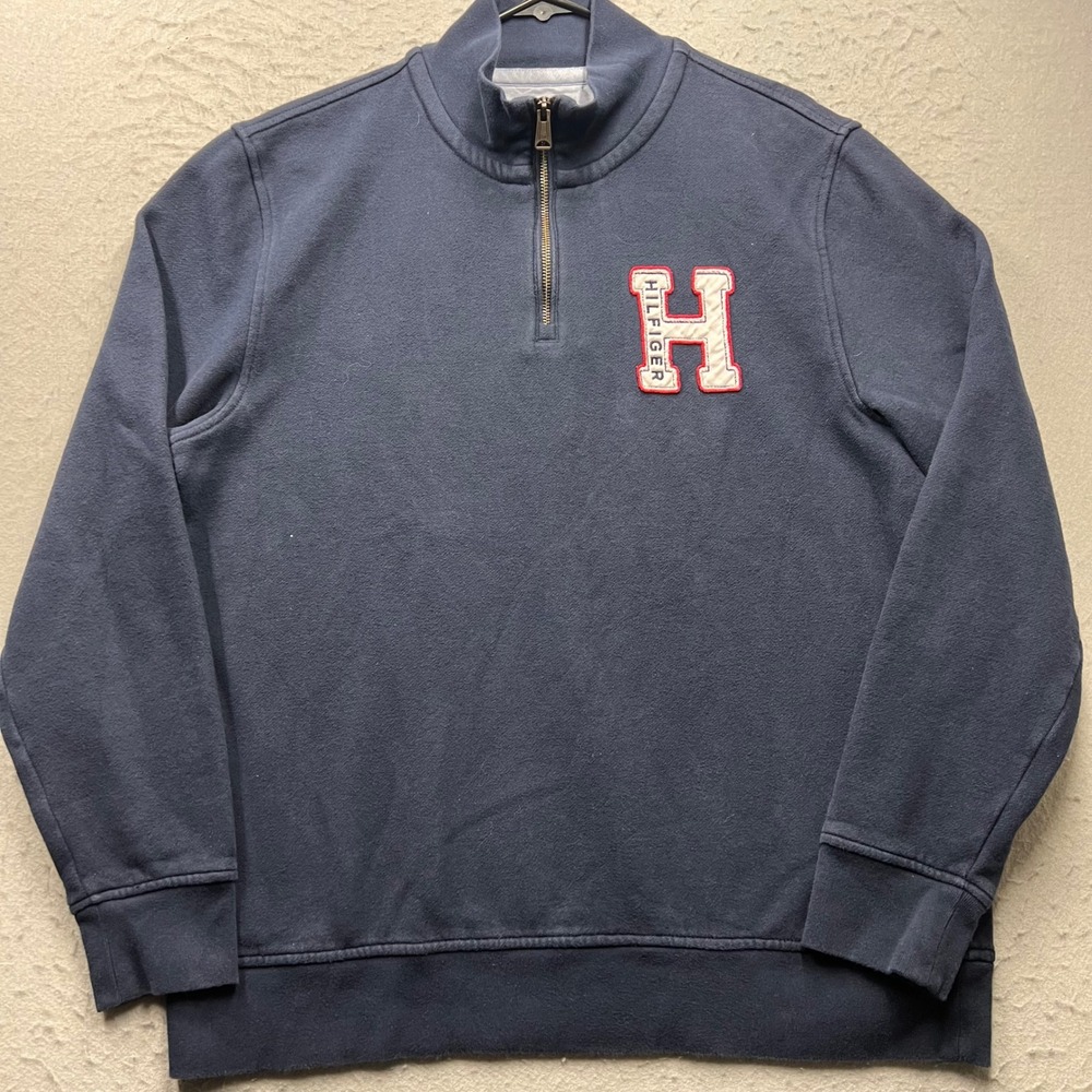 Tommy Hilfiger Quarter Zip Pullover Sweatshirt Navy Blue Varsity H Patch Mens L